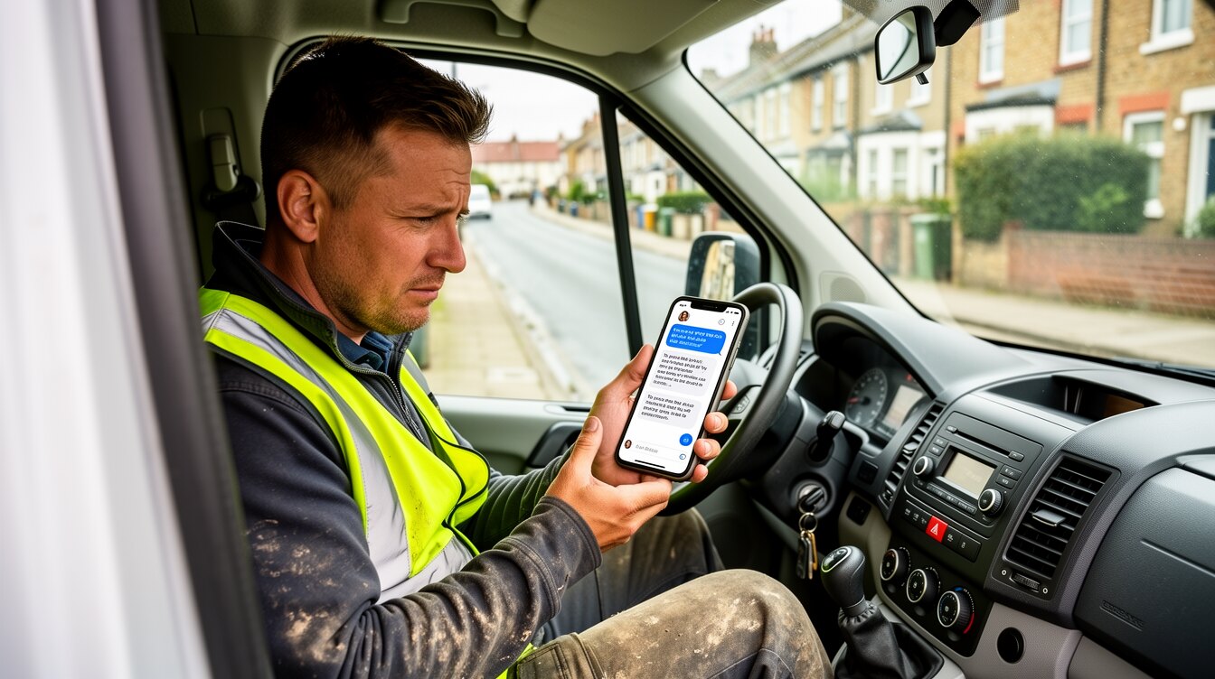 A British tradesman looking at an AI assistant on a phone