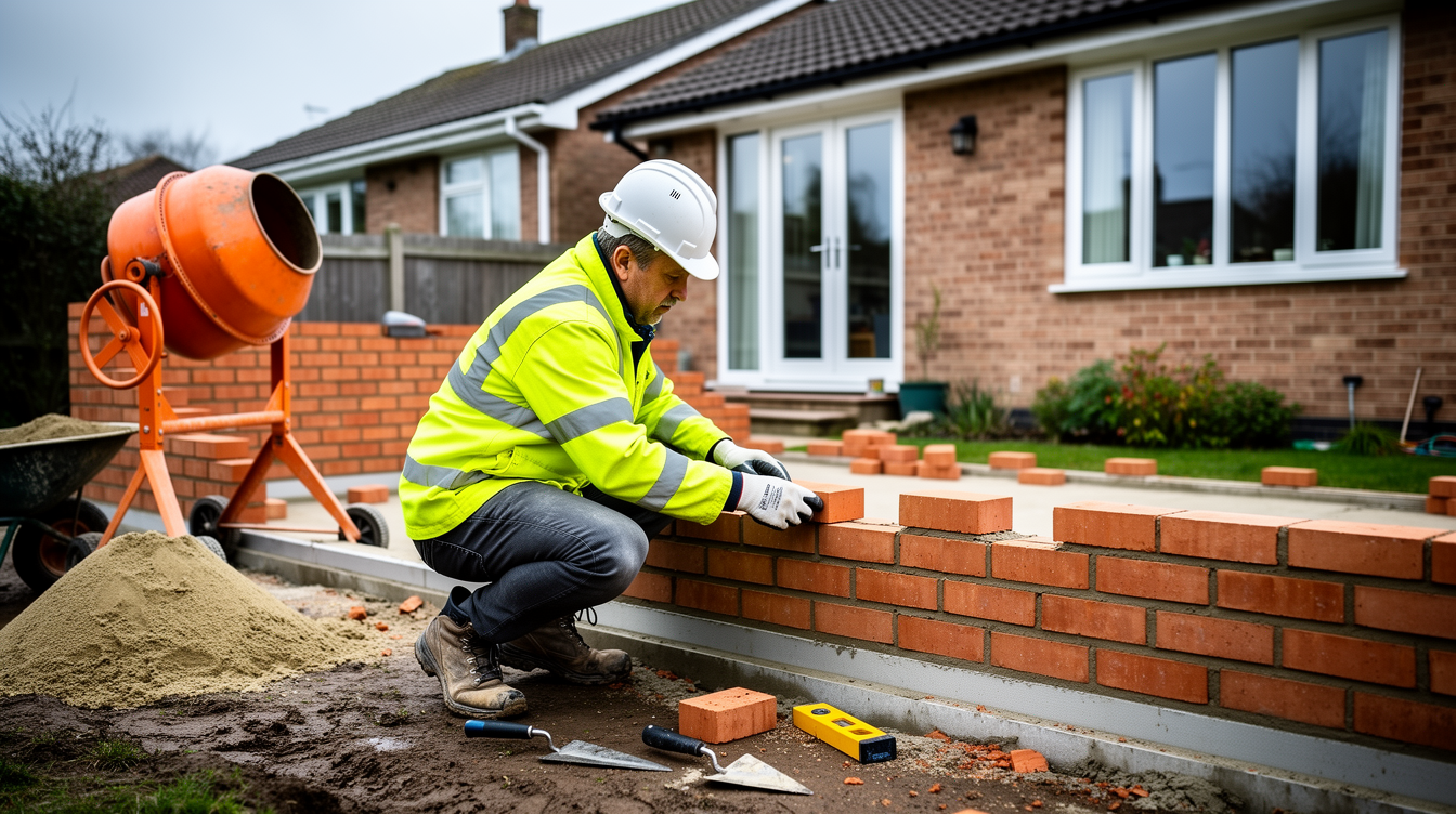 A British builder laying bricks on a house extension