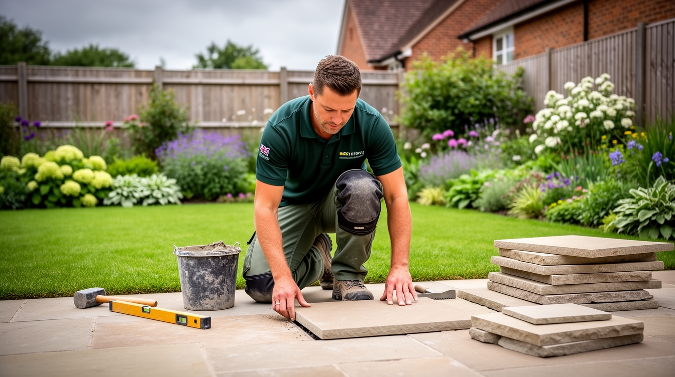 A British landscaper laying a stone patio in an English garden