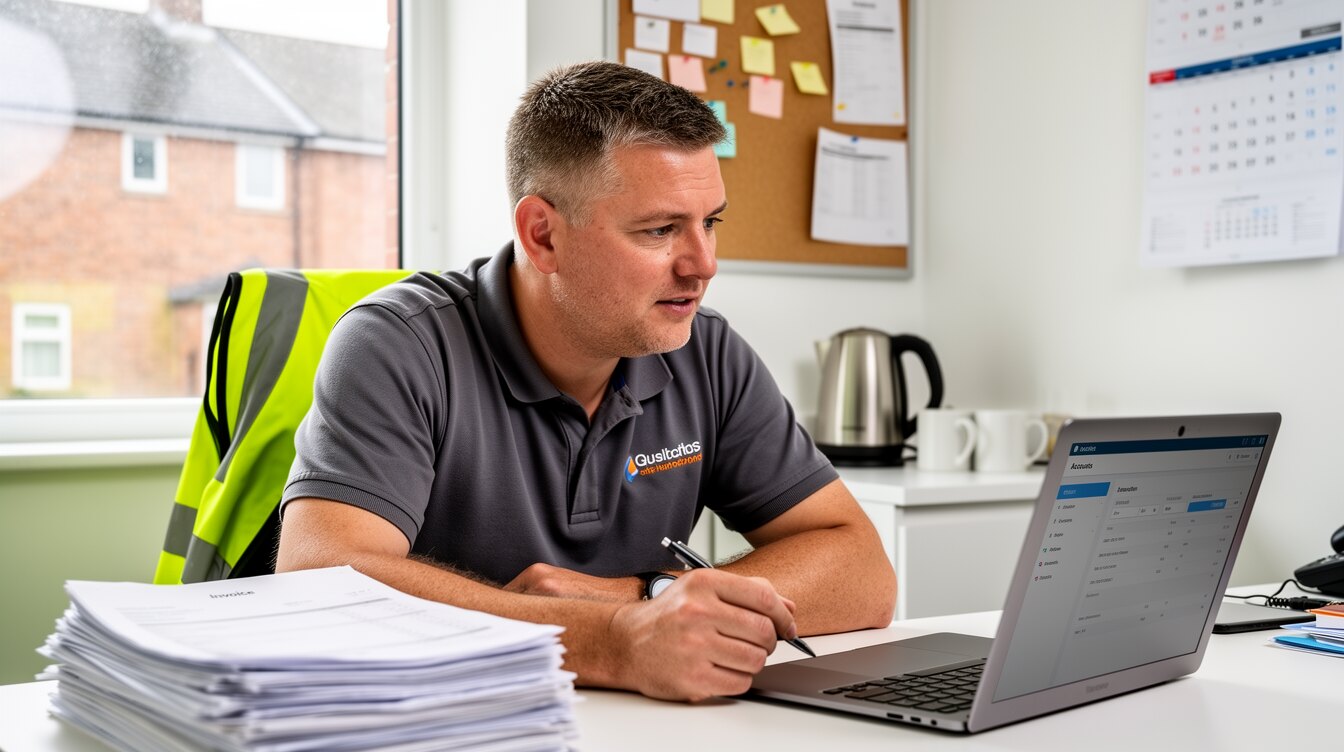 A tradesman weighing a laptop and invoices