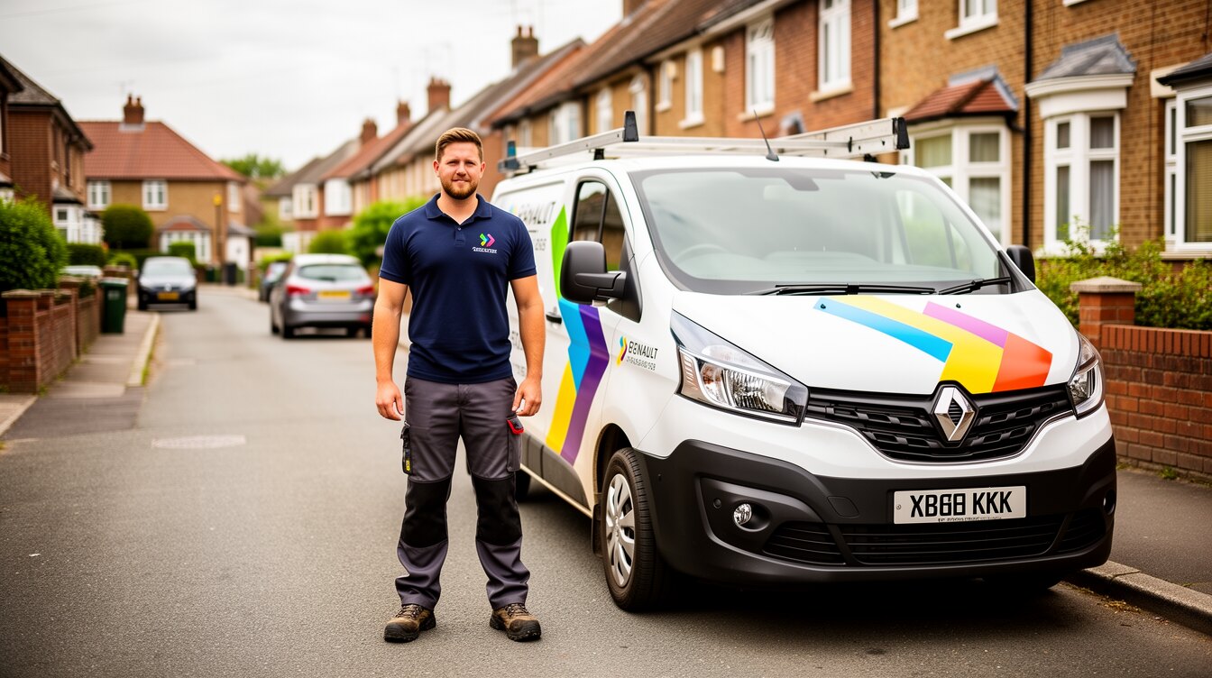 A British tradesman beside a sign-written work van