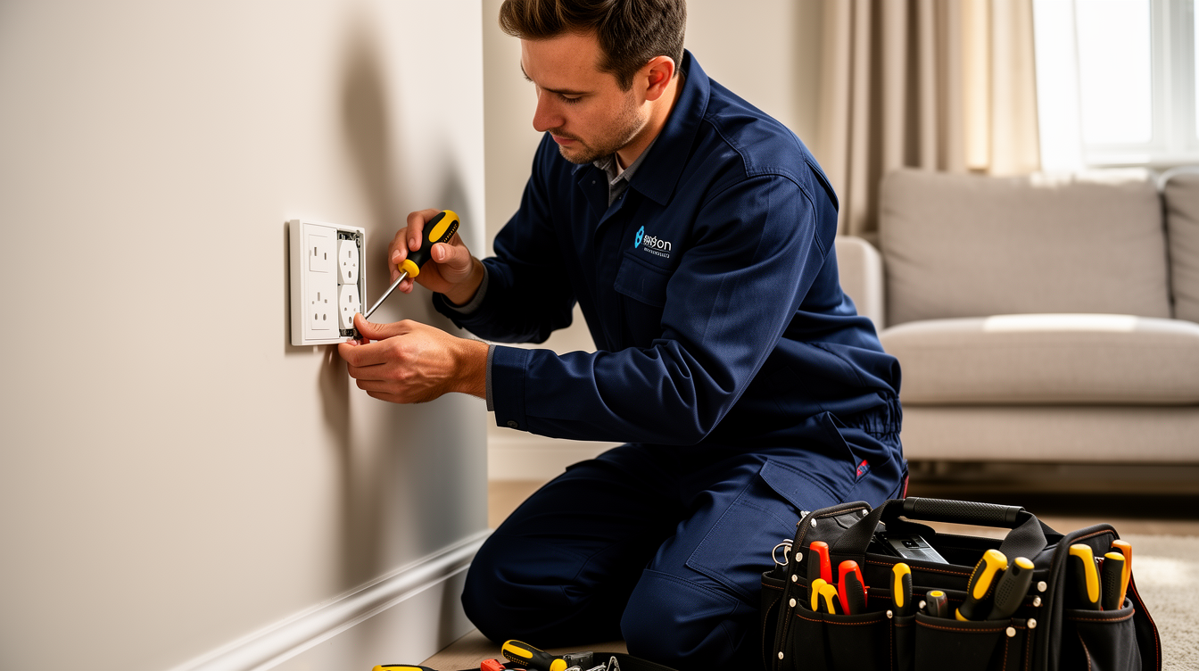 A British electrician installing a plug socket in a UK living room