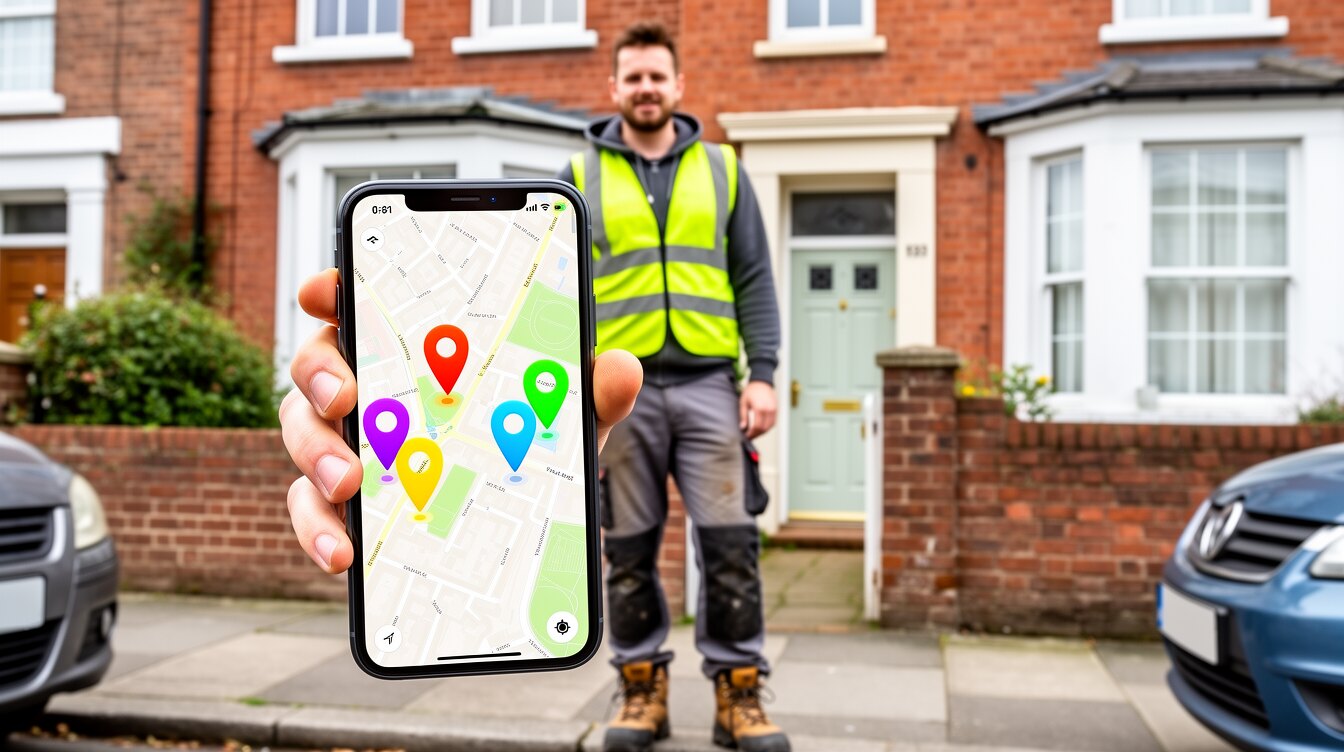A British tradesman holding a phone showing a local map