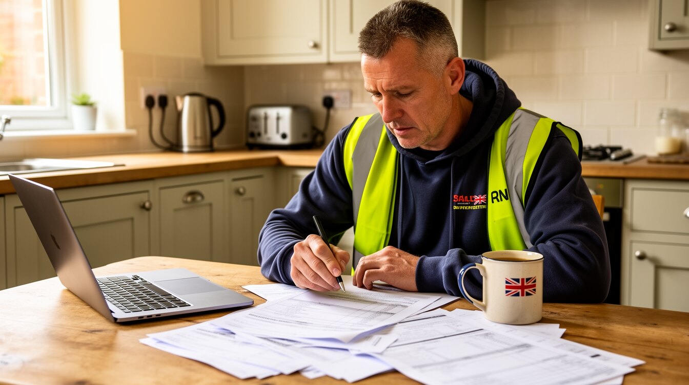 A British tradesman reviewing website costs at a kitchen table