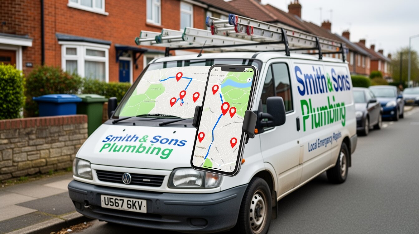 A van with a phone showing a local map