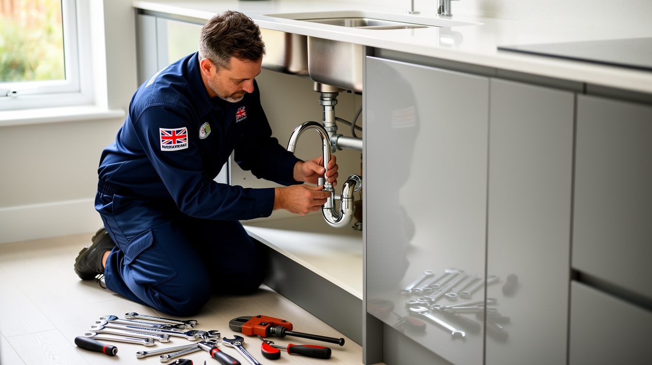 A British plumber fitting a tap under a kitchen sink