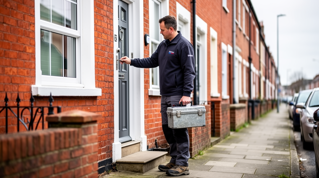 A British property maintenance tradesman at the door of a terraced house