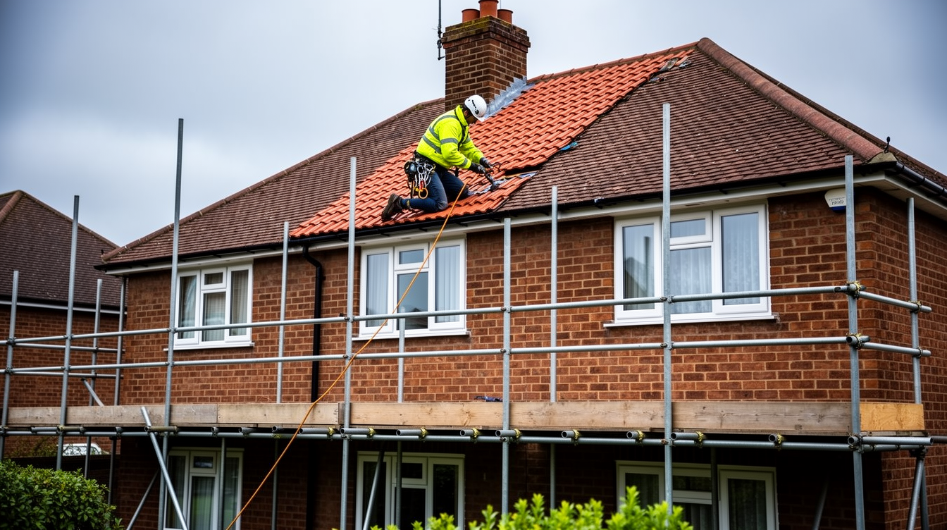 A British roofer working on a pitched tiled roof
