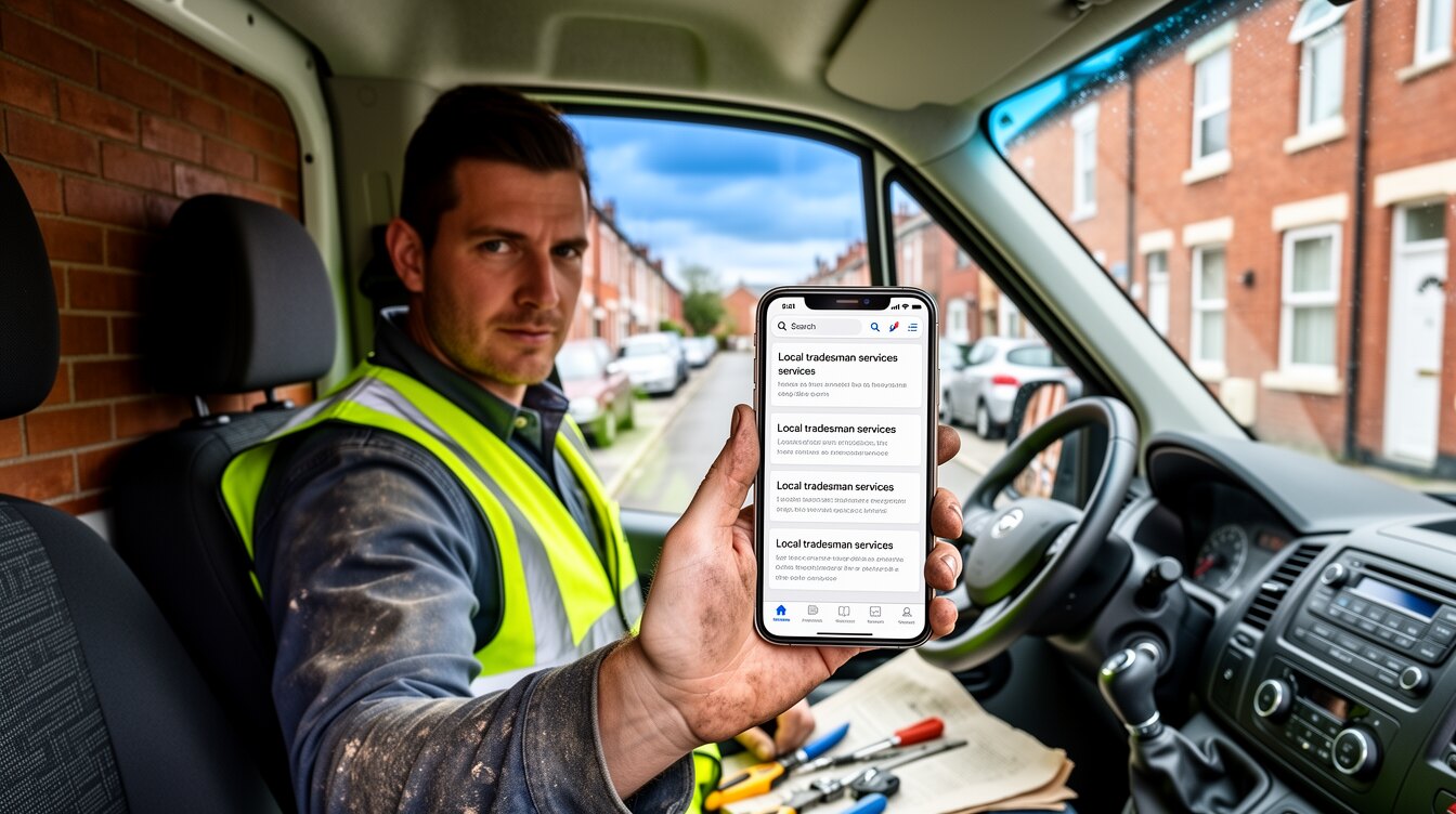 A British tradesman in a van checking search results on a phone