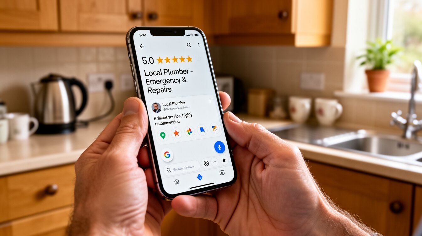 A homeowner checking a tradesman's reviews on a phone