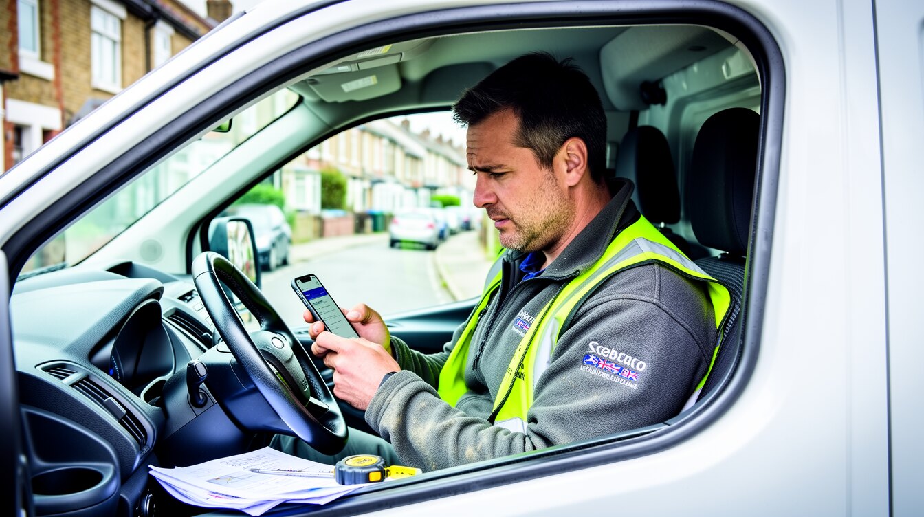 A British tradesman checking his website on a phone in his van