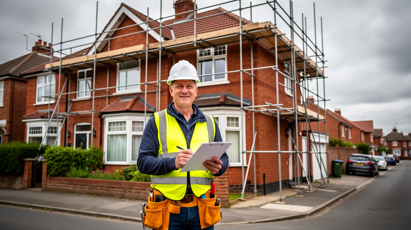 A British tradesman outside a red-brick semi with scaffolding