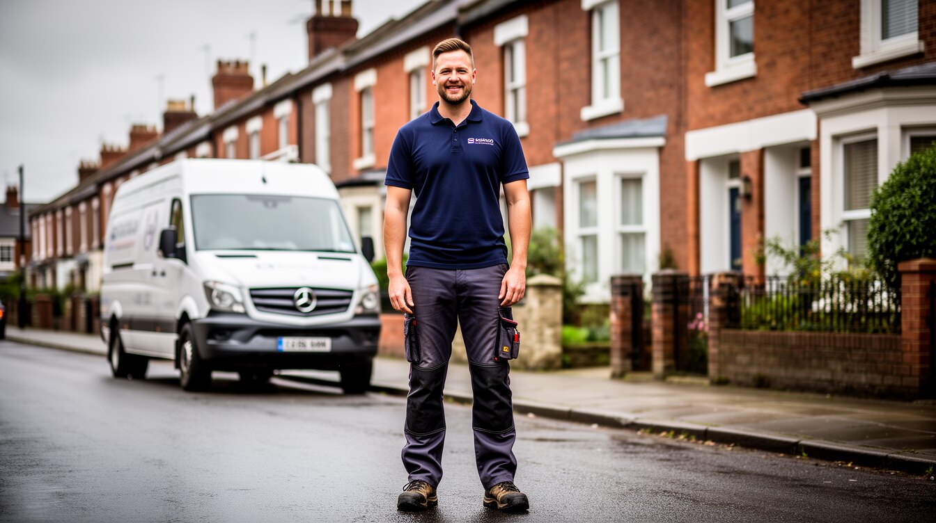 A British tradesman in front of a row of UK houses