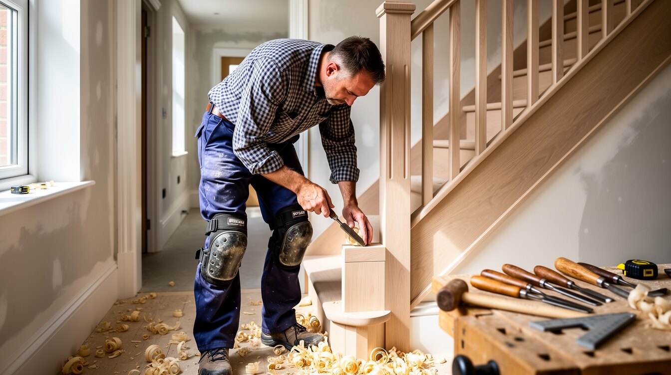A British carpenter fitting bespoke oak staircase joinery inside a UK home