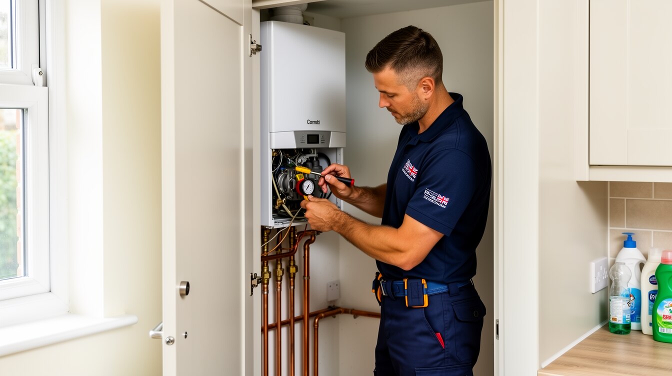A British heating engineer servicing a combi boiler