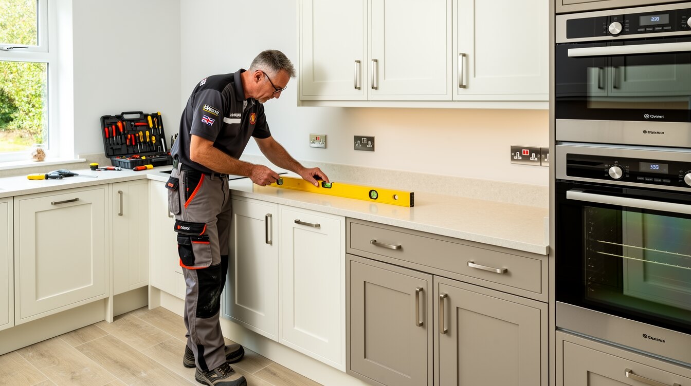 A British kitchen fitter installing shaker cabinets