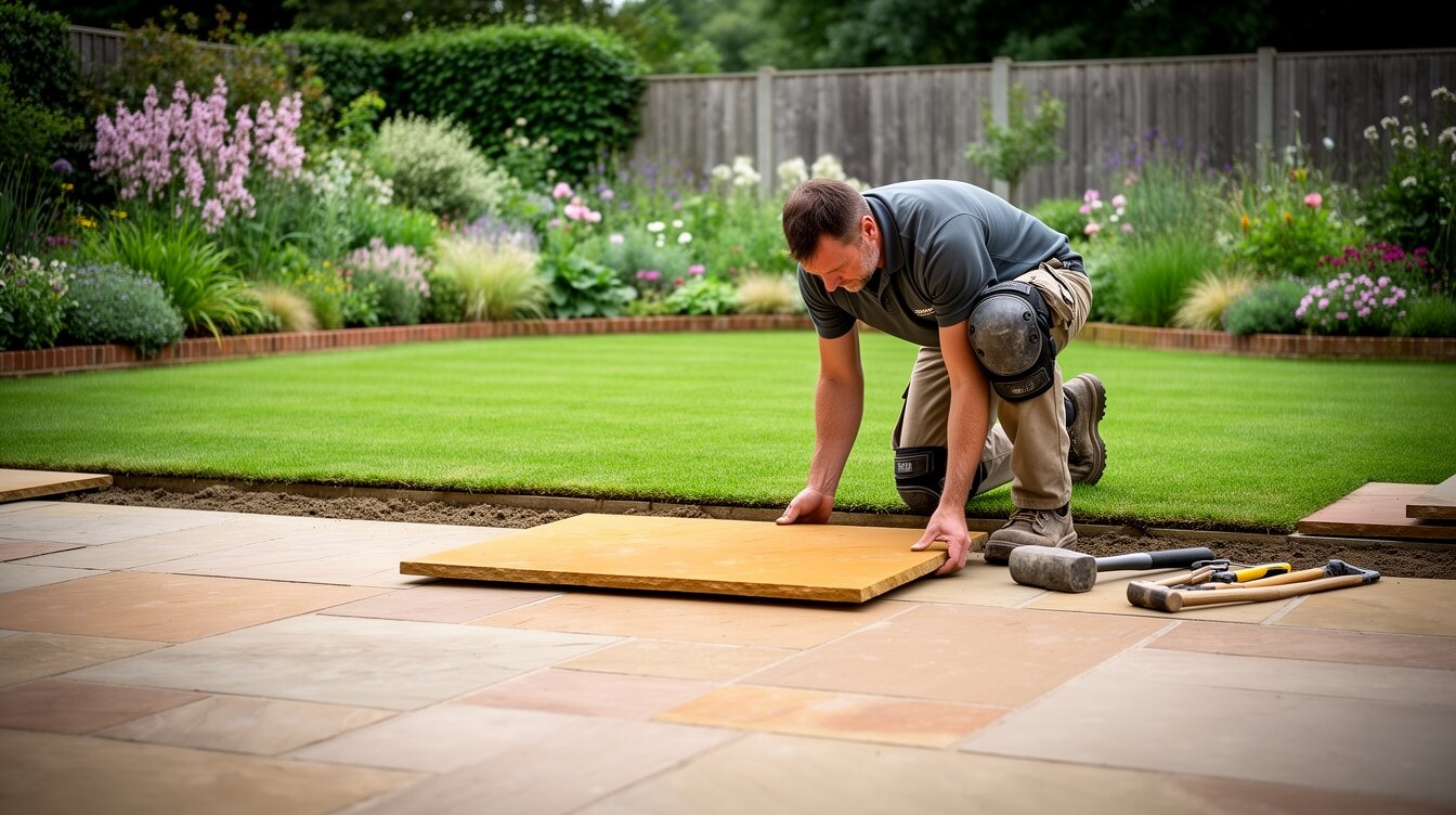 A British landscaper laying a York stone patio