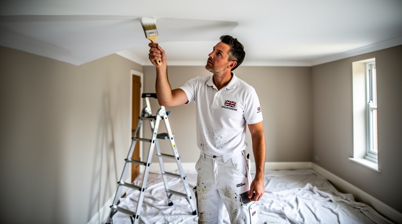 A British painter and decorator cutting in along a ceiling line